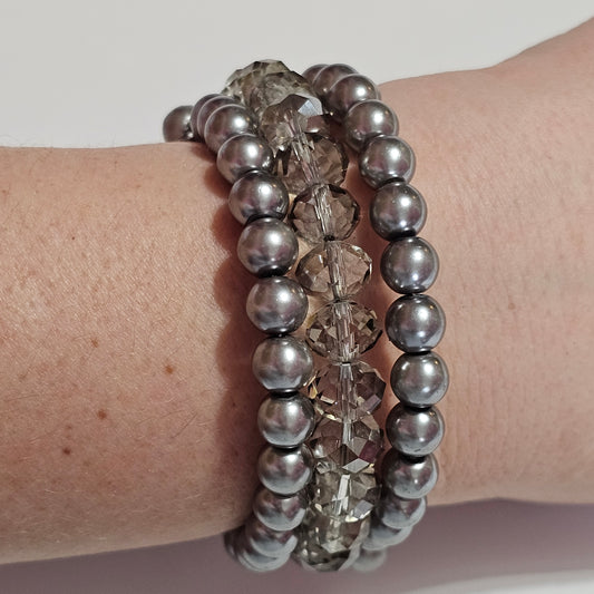 Clear Crystal Faux Grey Pearl Memory Wire Bracelet