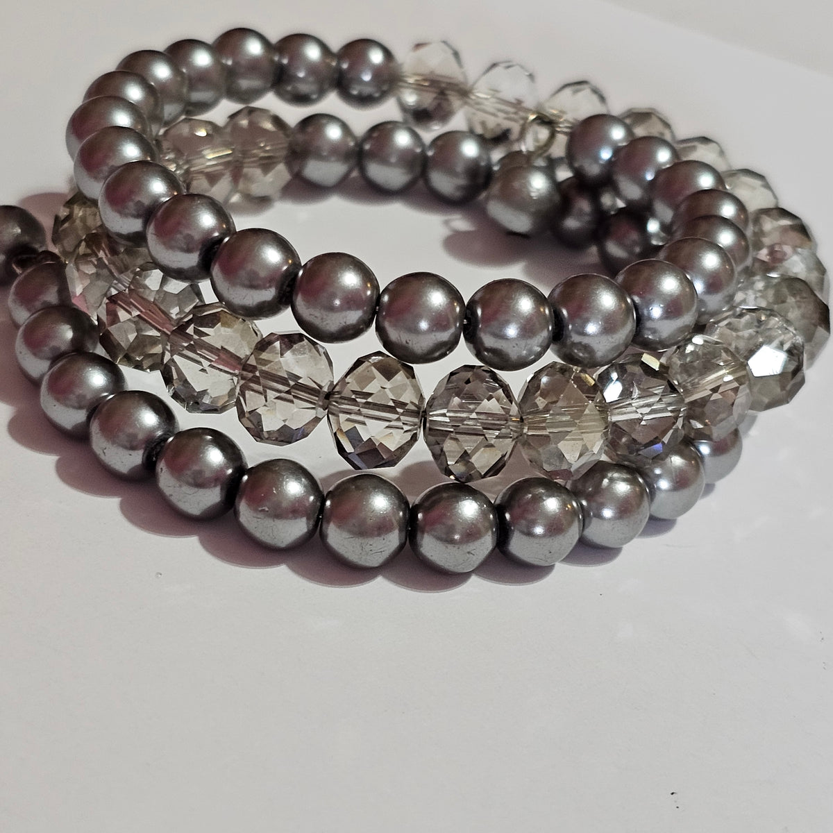 Clear Crystal Faux Grey Pearl Memory Wire Bracelet