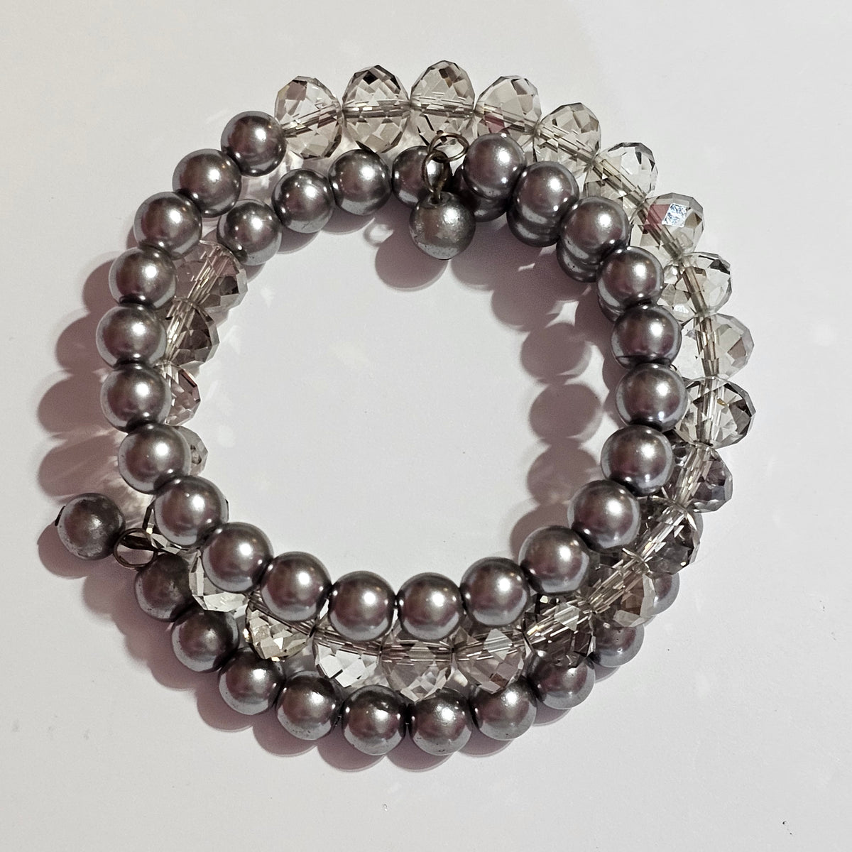 Clear Crystal Faux Grey Pearl Memory Wire Bracelet