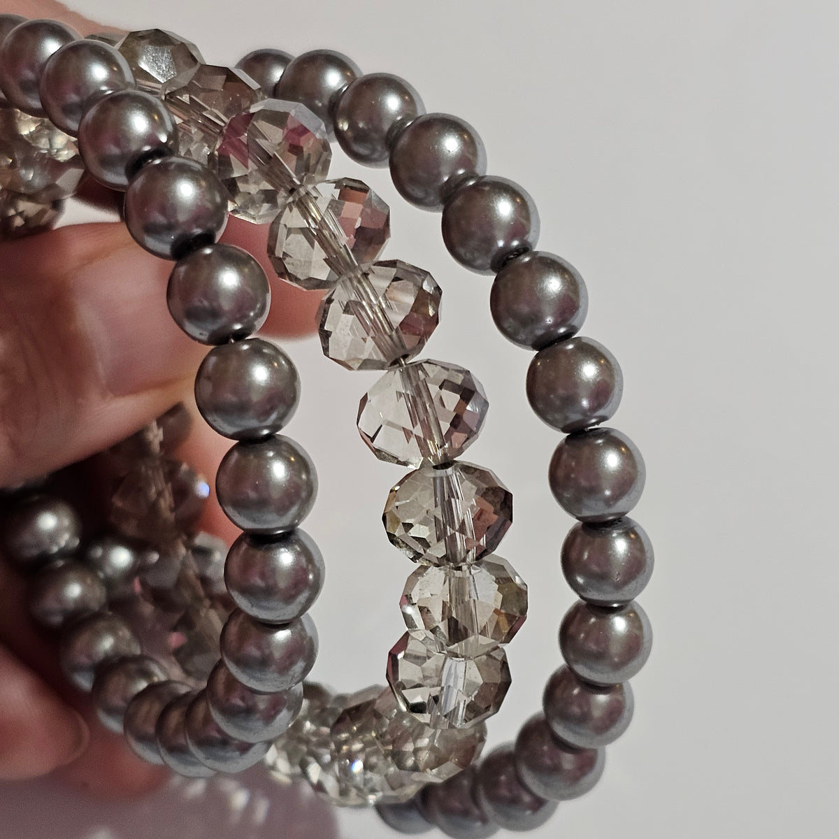 Clear Crystal Faux Grey Pearl Memory Wire Bracelet