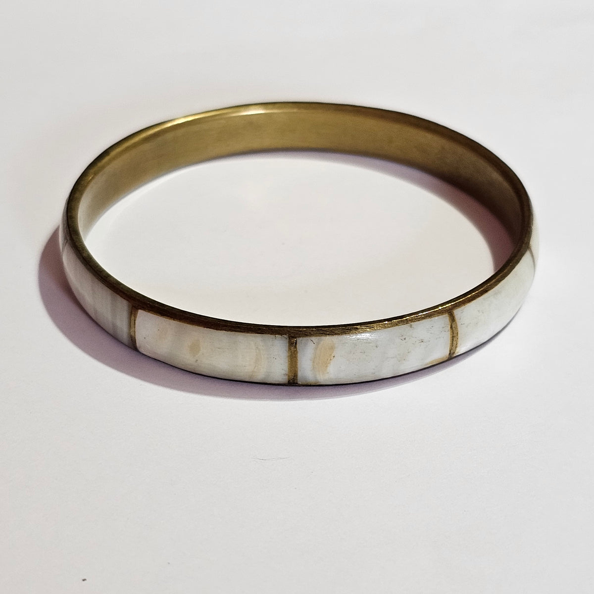 Antique Brass Mother of Pearl Inlay Bangle Bracelet Vintage