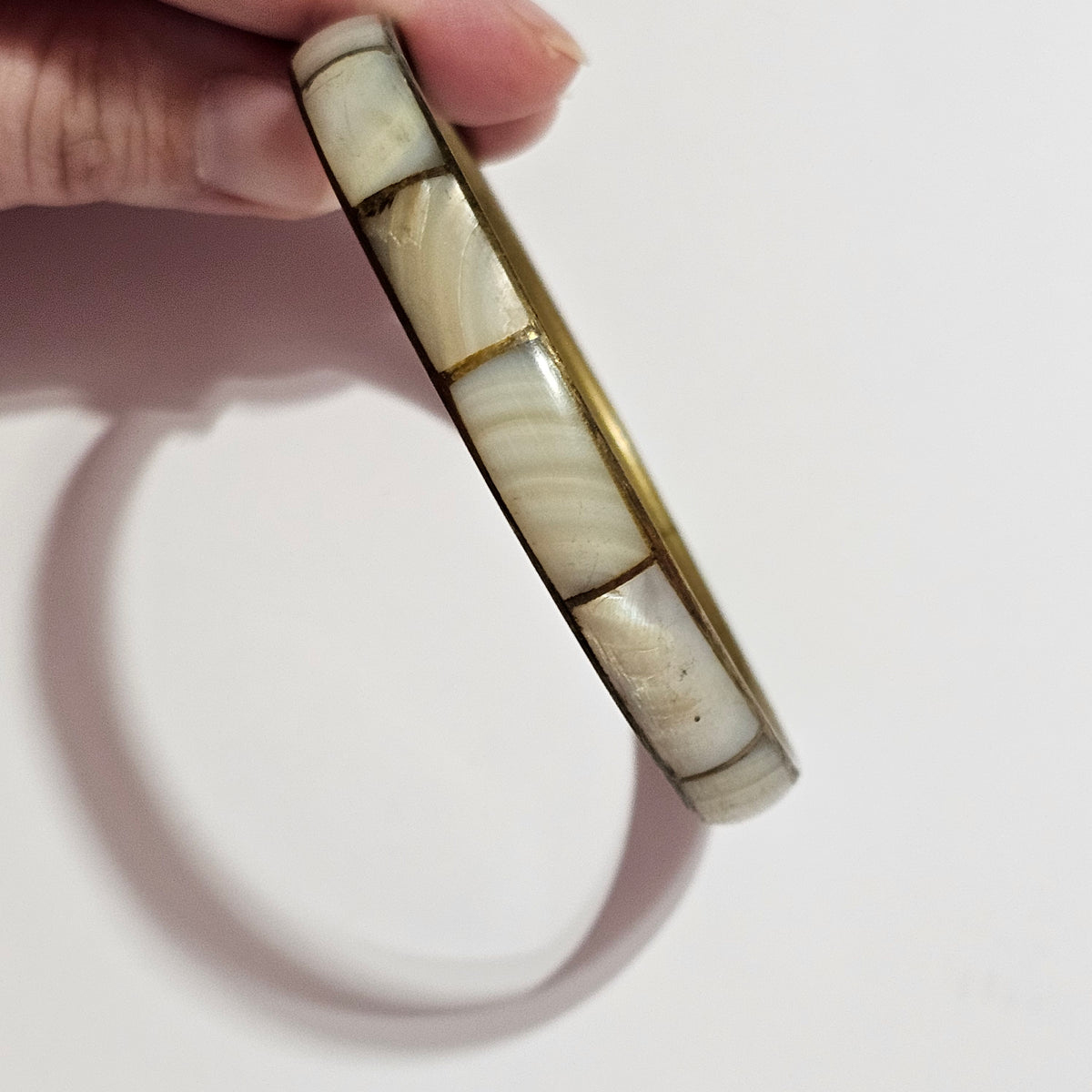 Antique Brass Mother of Pearl Inlay Bangle Bracelet Vintage