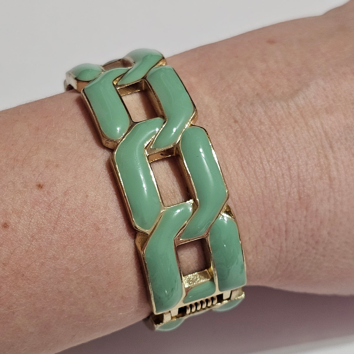 Gold-tone Mint Green Enamel Geometric Hinged Clamper Bracelet