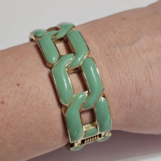 Gold-tone Mint Green Enamel Geometric Hinged Clamper Bracelet
