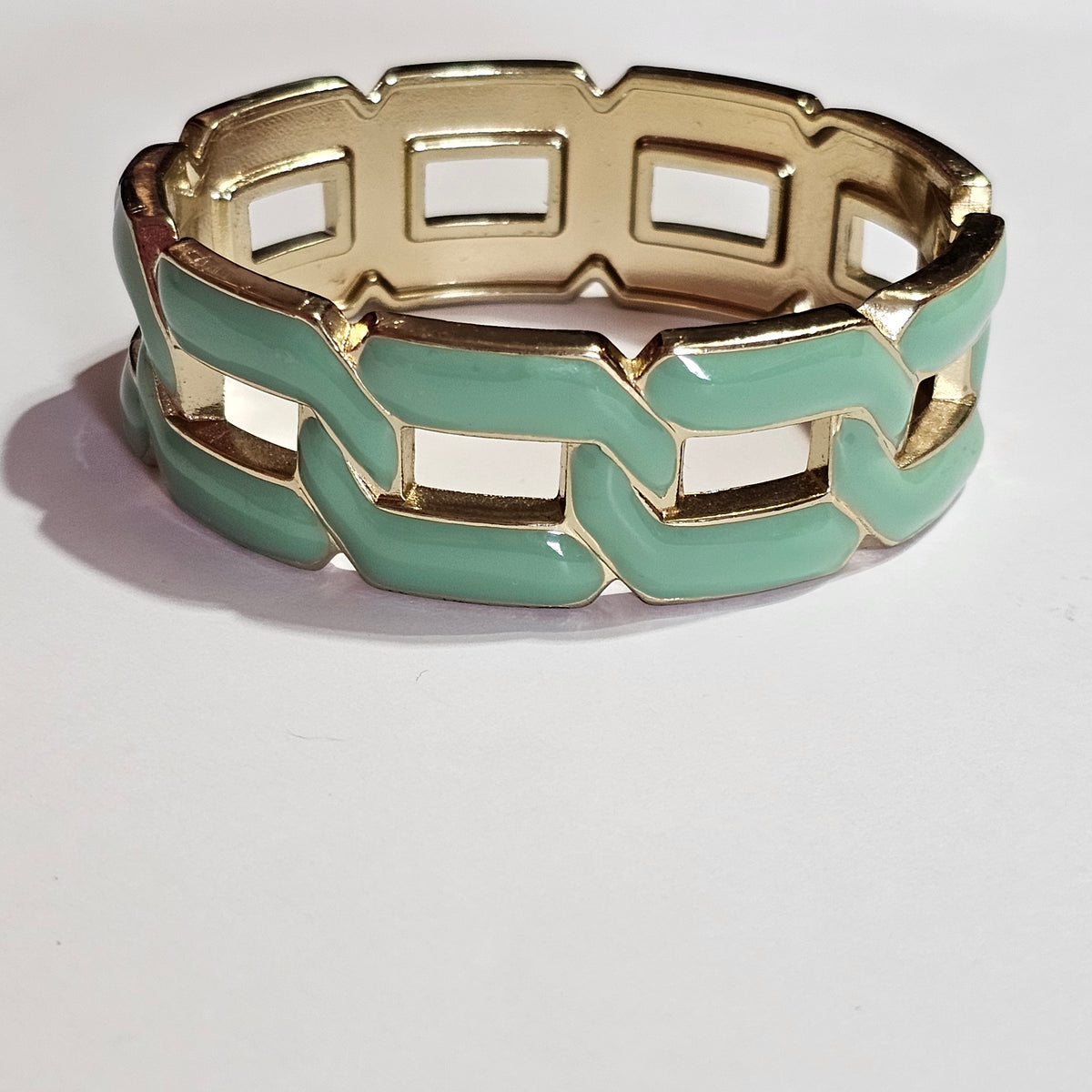 Gold-tone Mint Green Enamel Geometric Hinged Clamper Bracelet