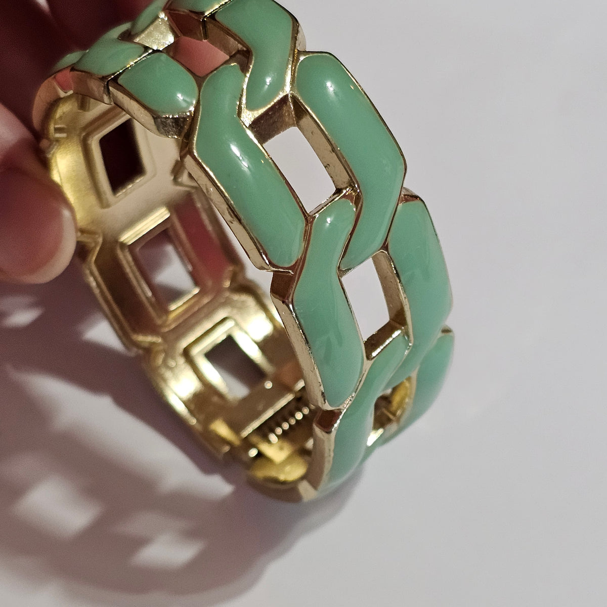 Gold-tone Mint Green Enamel Geometric Hinged Clamper Bracelet