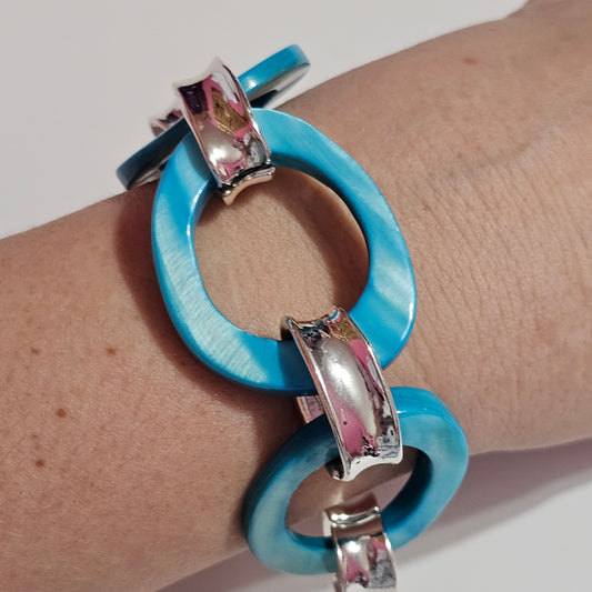 Silver-tone Big Round Blue Iridescent Linked Chain Bracelet