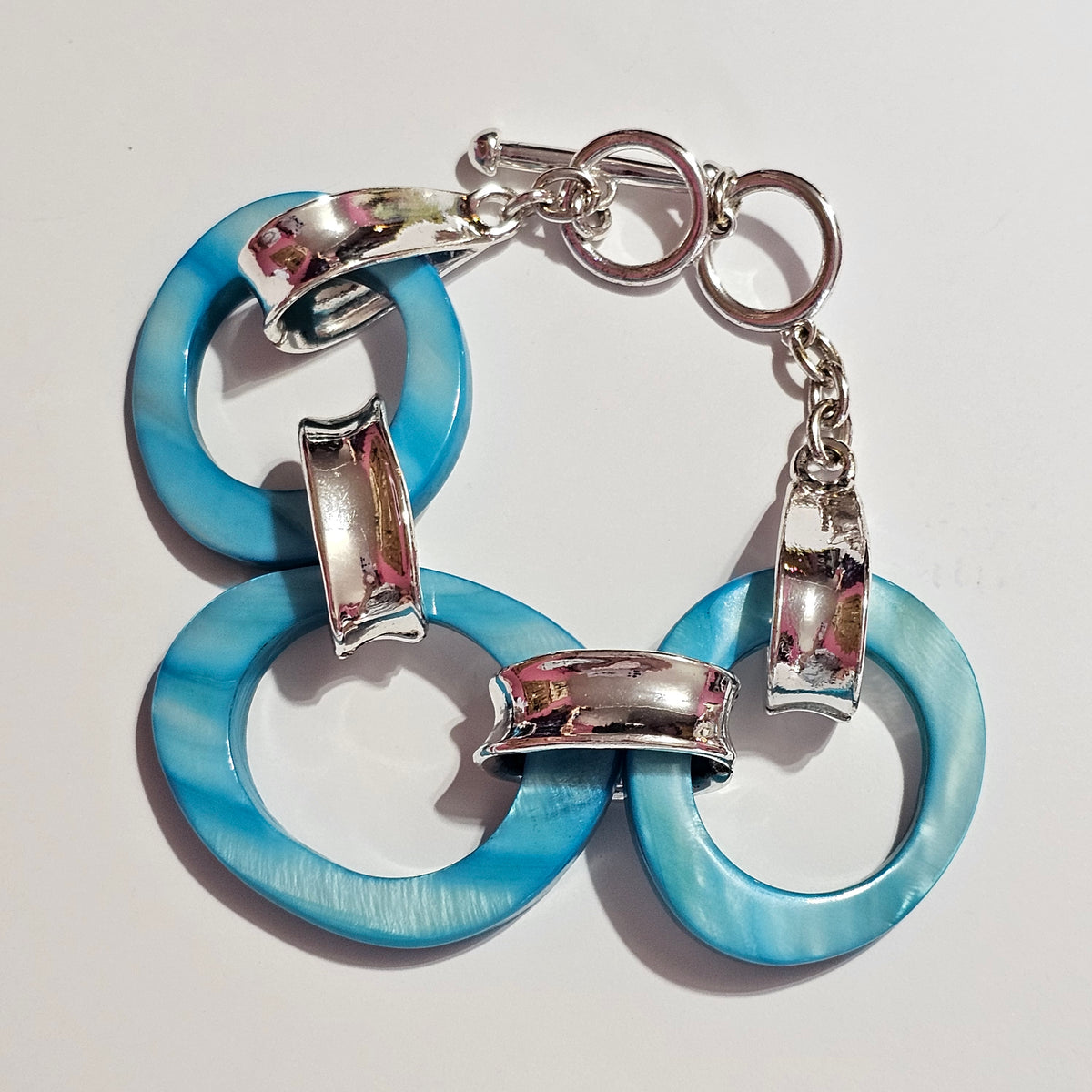 Silver-tone Big Round Blue Iridescent Linked Chain Bracelet