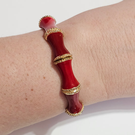 Red Enamel Gold-tone Bamboo Stretch Bracelet
