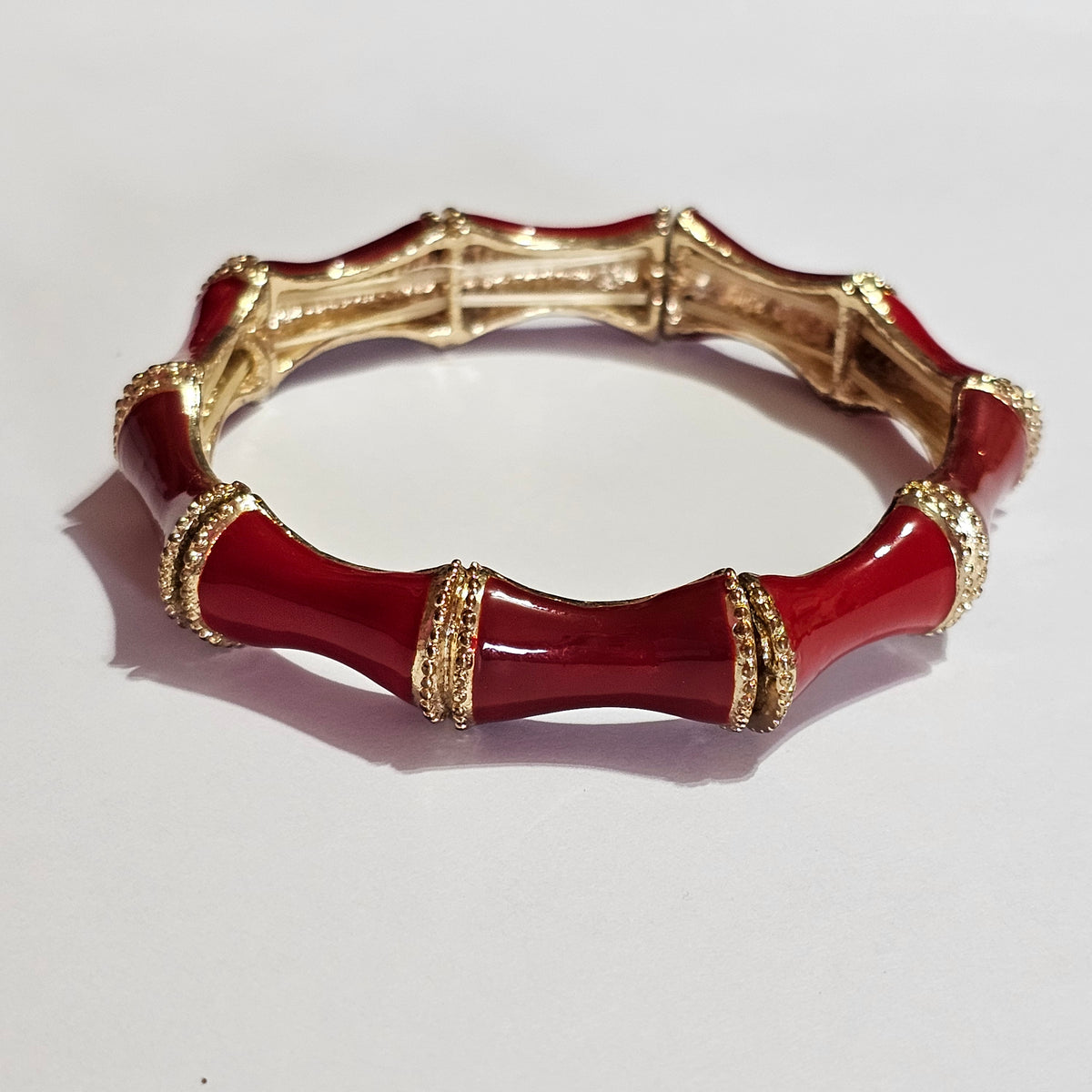 Red Enamel Gold-tone Bamboo Stretch Bracelet