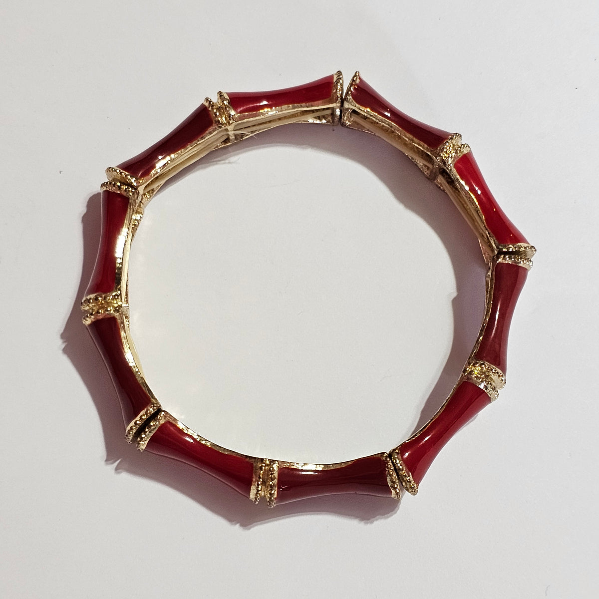 Red Enamel Gold-tone Bamboo Stretch Bracelet