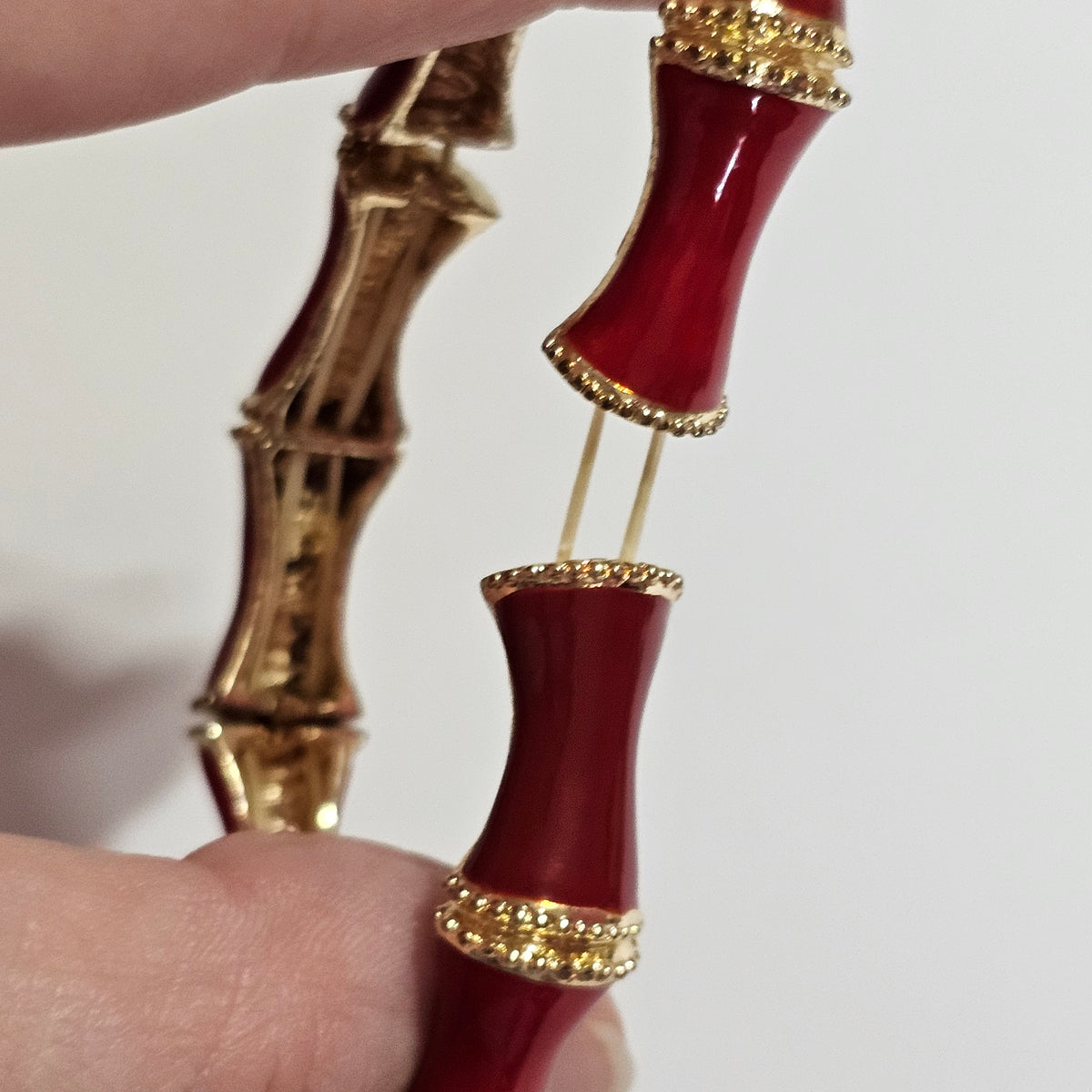 Red Enamel Gold-tone Bamboo Stretch Bracelet