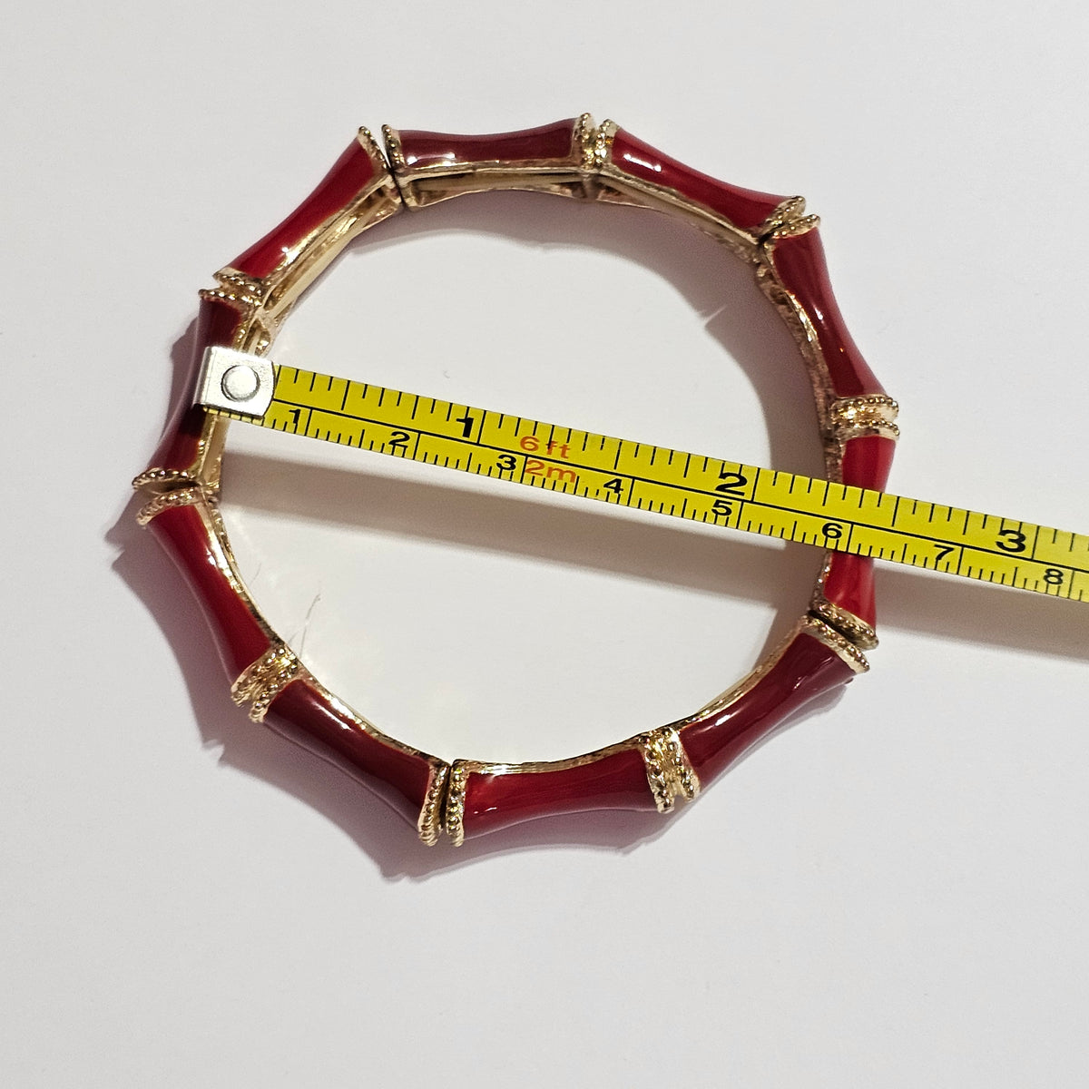 Red Enamel Gold-tone Bamboo Stretch Bracelet