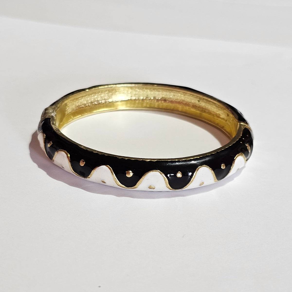 Swirl Black White Enamel Hinged Bangle Bracelet