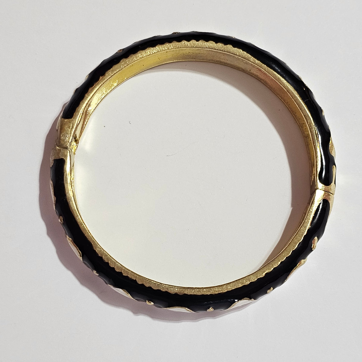 Swirl Black White Enamel Hinged Bangle Bracelet