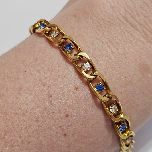 Gold-tone Clear Blue Rhinestone Link Bracelet