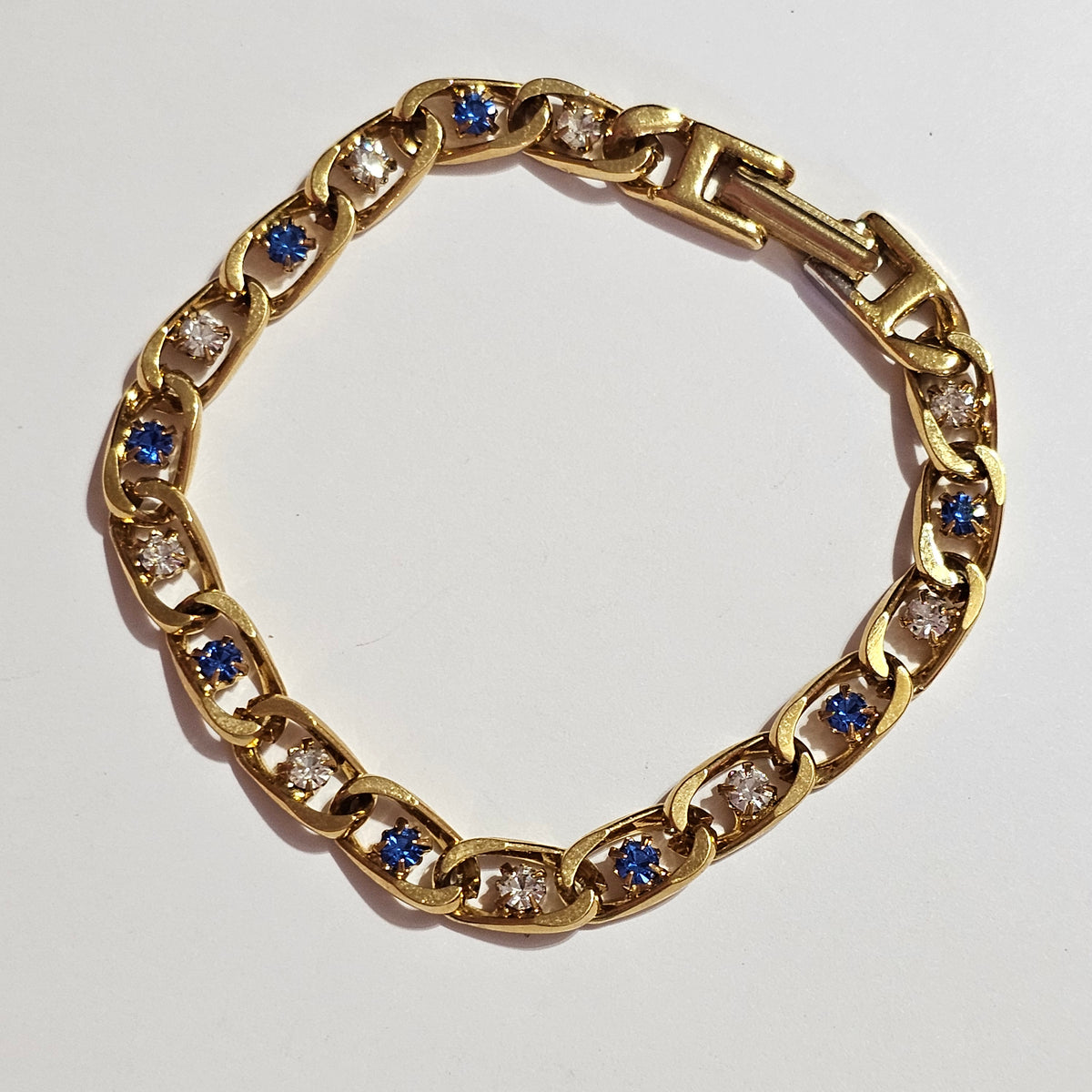 Gold-tone Clear Blue Rhinestone Link Bracelet