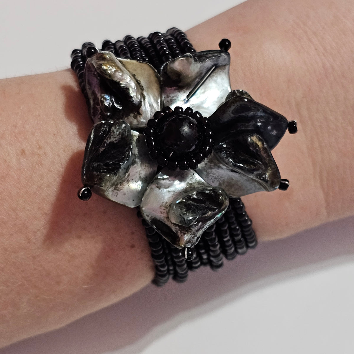 Black Beaded Wire Cuff MOP Flower Motif Cuff Bracelet Vintage