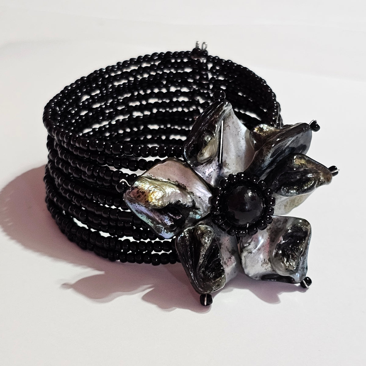 Black Beaded Wire Cuff MOP Flower Motif Cuff Bracelet Vintage