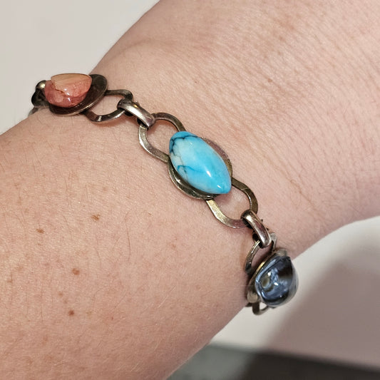 Natural Stone Link Bracelet Earthy Bohemian 7.5"