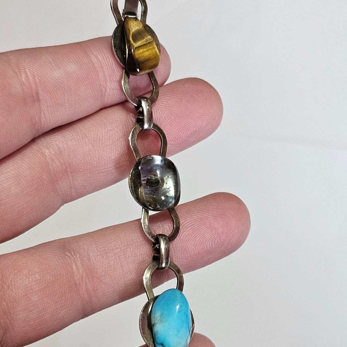 Natural Stone Link Bracelet Earthy Bohemian 7.5"