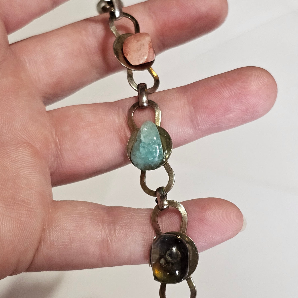 Natural Stone Link Bracelet Earthy Bohemian 7.5"
