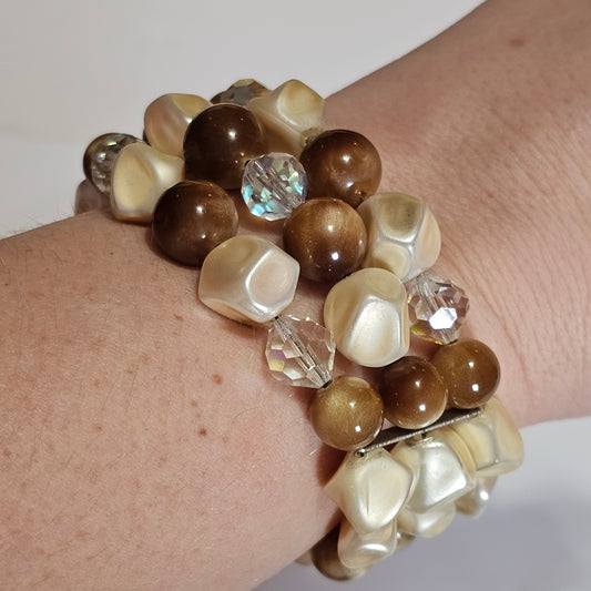 Vintage Memory Wire Beaded 3 Strand Moonglow Browns Bracelet