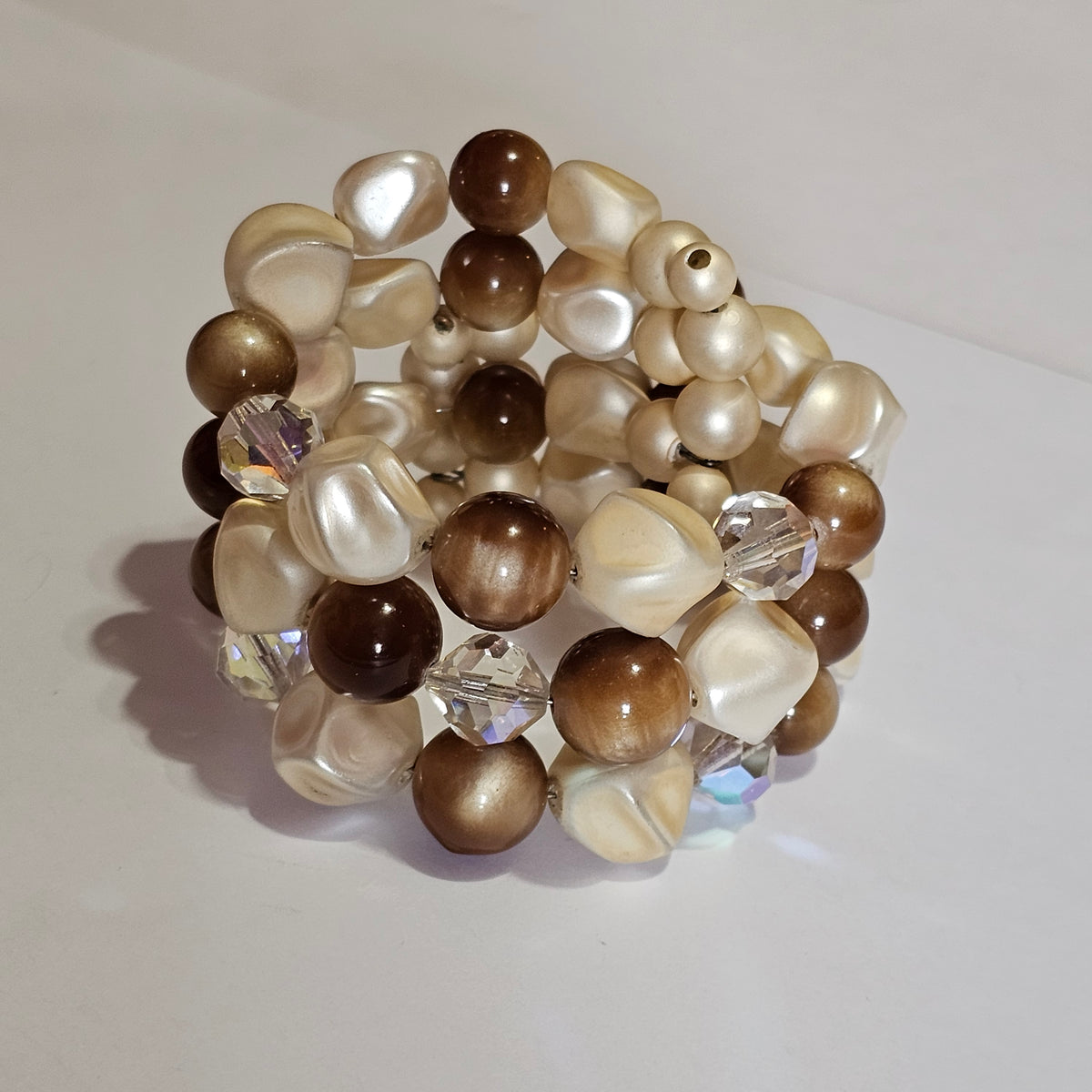 Vintage Memory Wire Beaded 3 Strand Moonglow Browns Bracelet