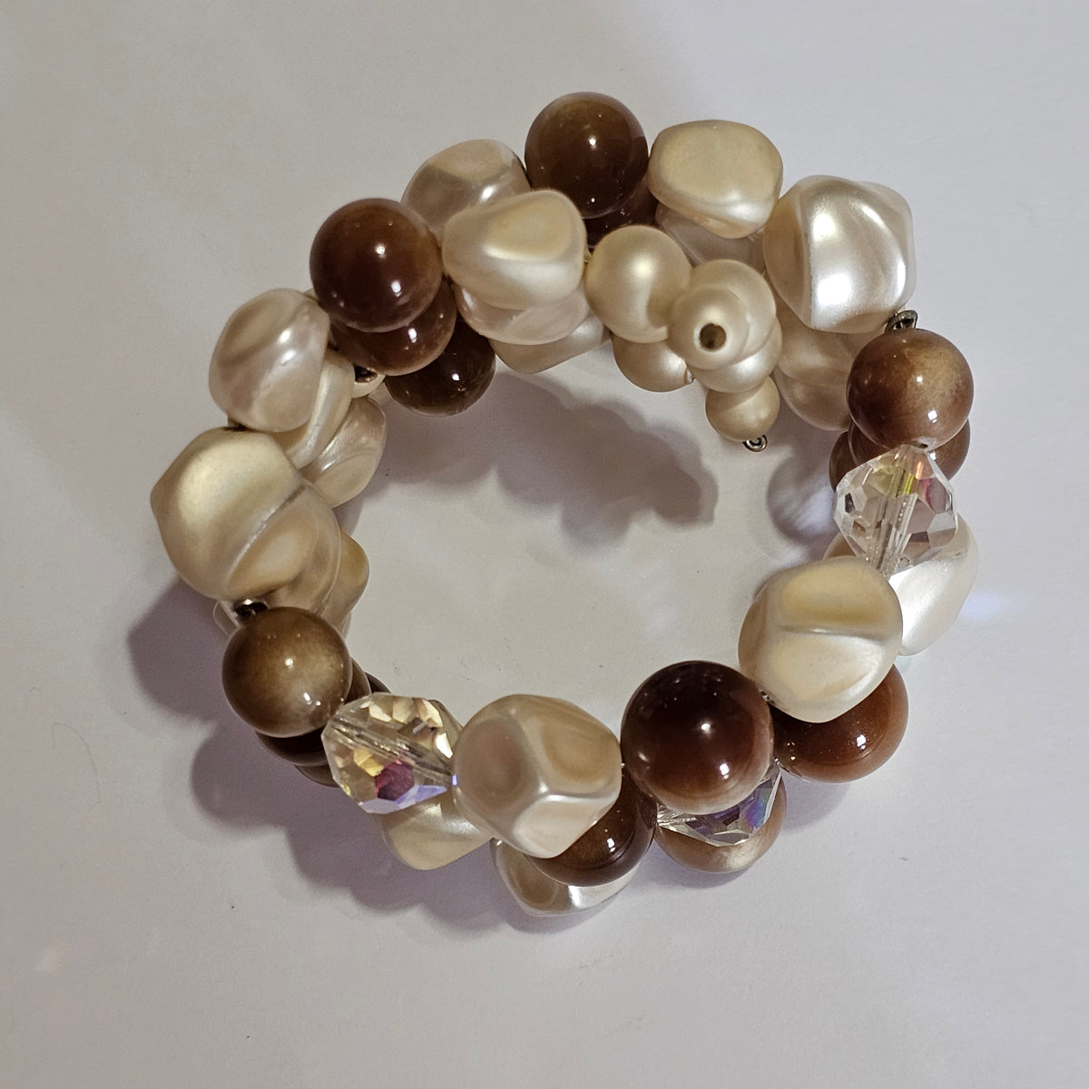 Vintage Memory Wire Beaded 3 Strand Moonglow Browns Bracelet
