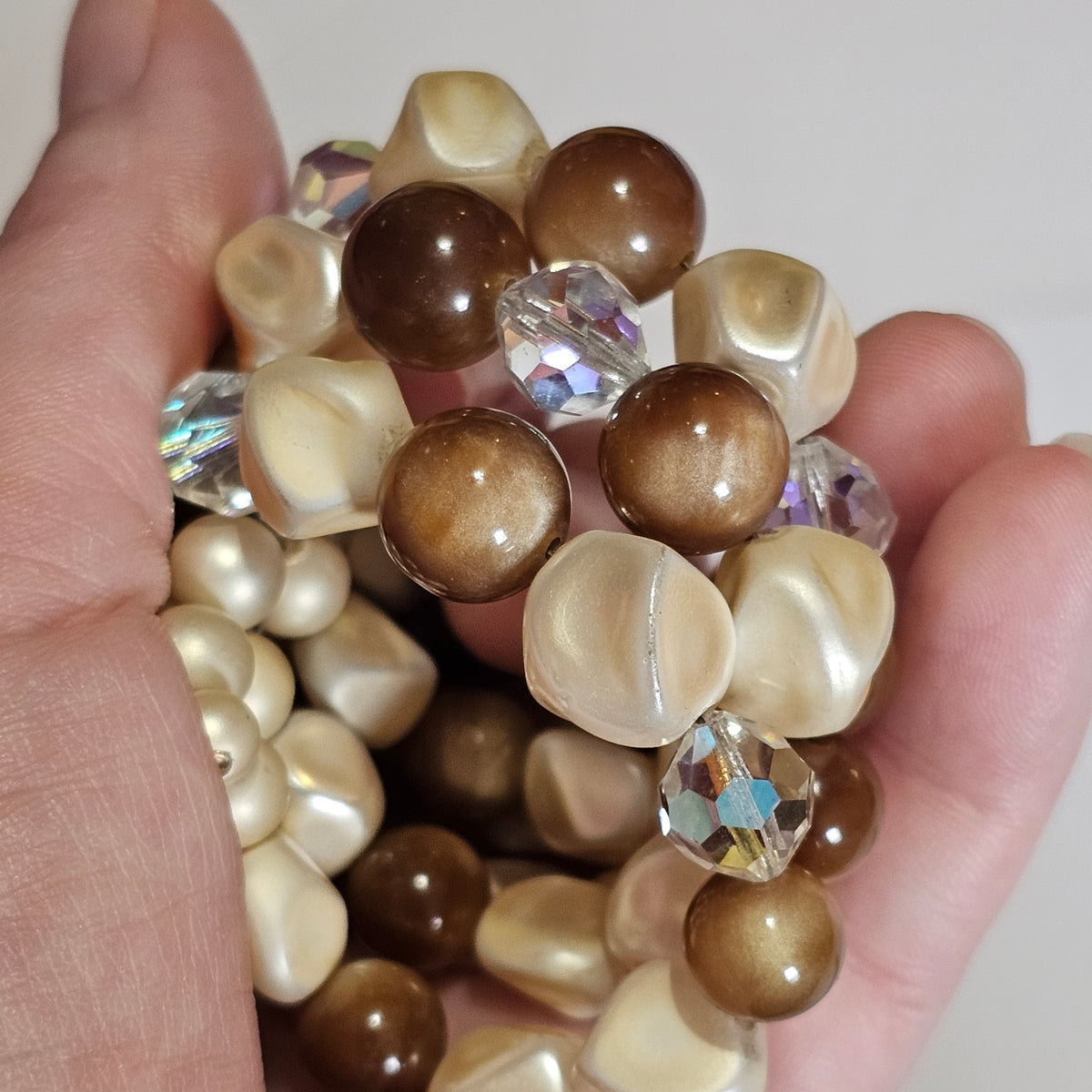 Vintage Memory Wire Beaded 3 Strand Moonglow Browns Bracelet