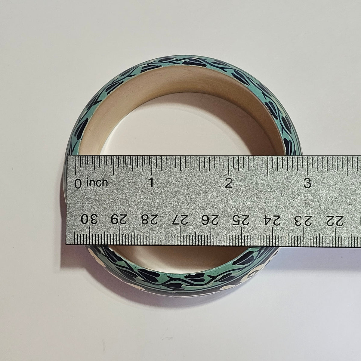 Painted Wood Lacquer Floral Chunky Thick Wide Bangle Bracelet Blue Vintage