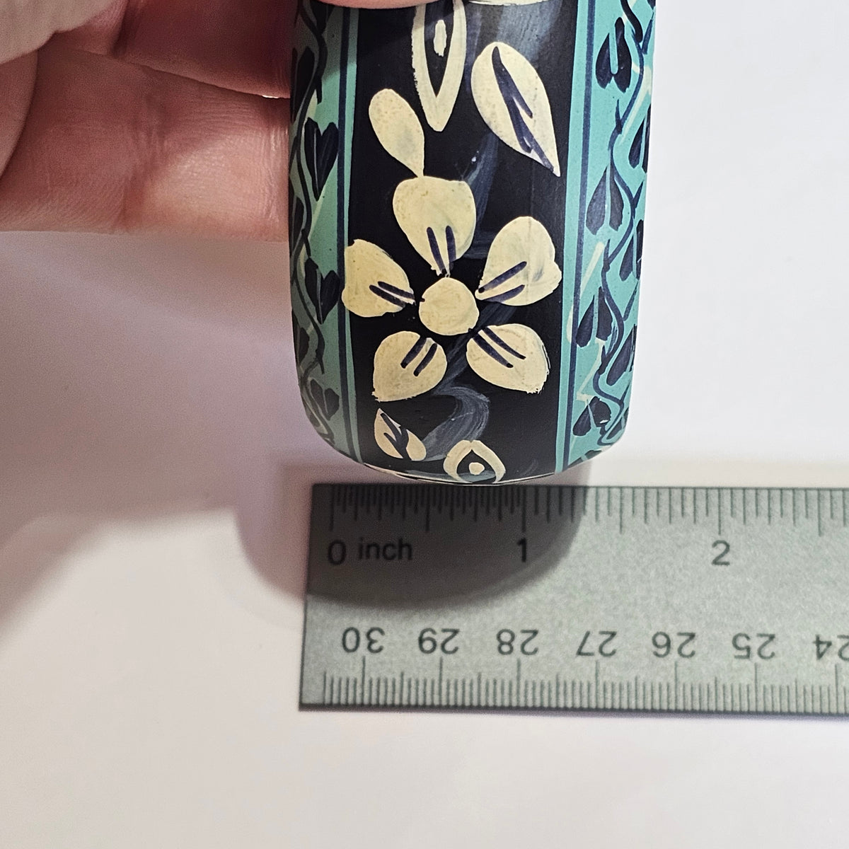 Painted Wood Lacquer Floral Chunky Thick Wide Bangle Bracelet Blue Vintage