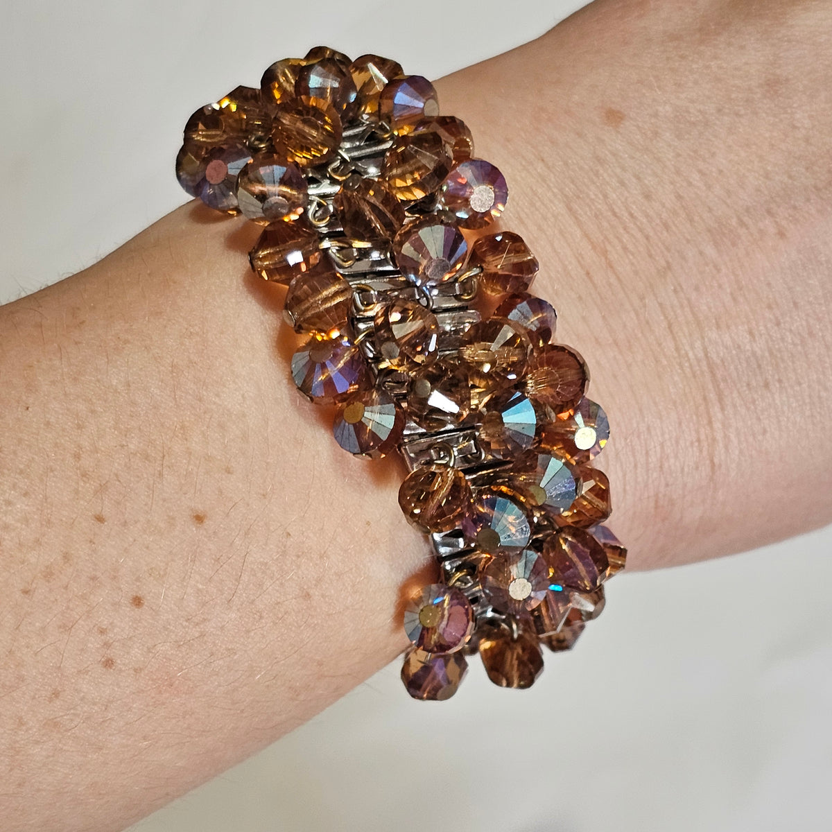 Amber Brown Glass Beaded Cha-cha Bracelet Vintage Japan Signed
