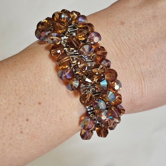 Amber Brown Glass Beaded Cha-cha Bracelet Vintage Japan Signed