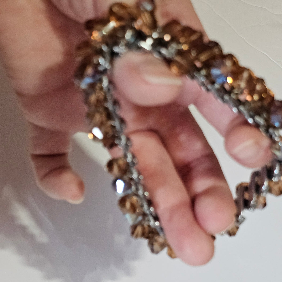 Amber Brown Glass Beaded Cha-cha Bracelet Vintage Japan Signed