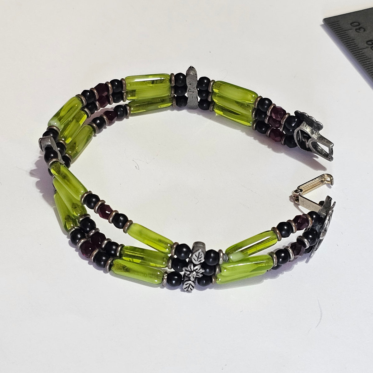 Green Tube Garnet Crystal Beaded Layered Bracelet Vintage