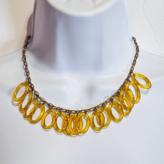 Antique Brass Art Deco Amber Celluloid Rings Statement Necklace Vintage