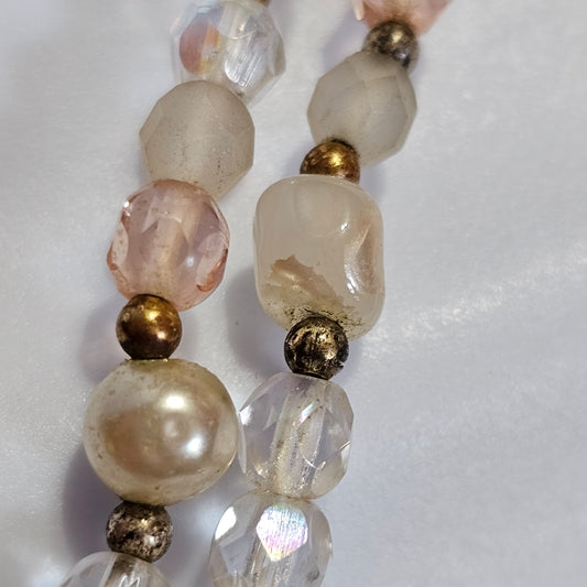 Translucent Pink Clear Crystal Beads Faux Baroque Pearls Stranded Pretty Necklace Vintage