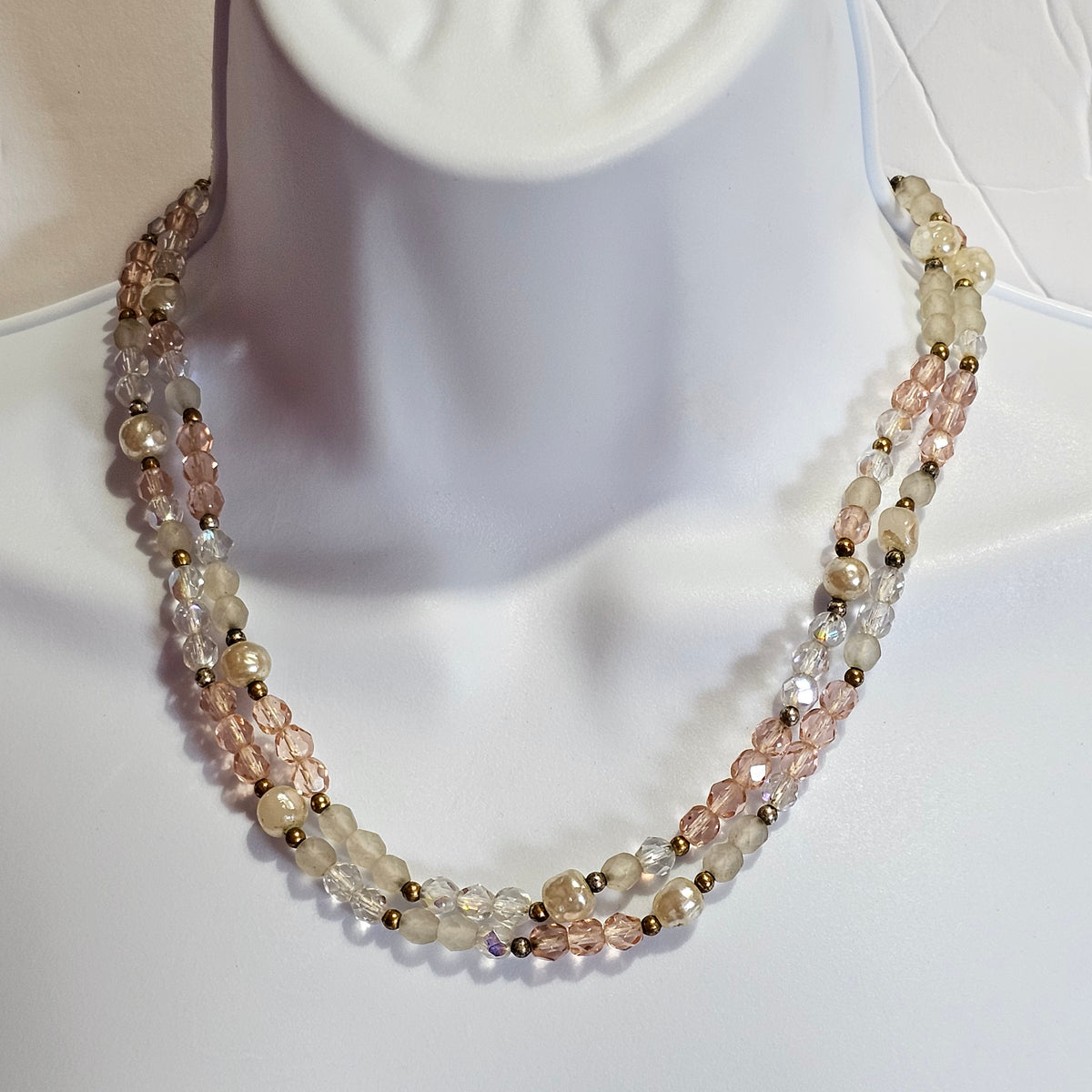 Translucent Pink Clear Crystal Beads Faux Baroque Pearls Stranded Pretty Necklace Vintage