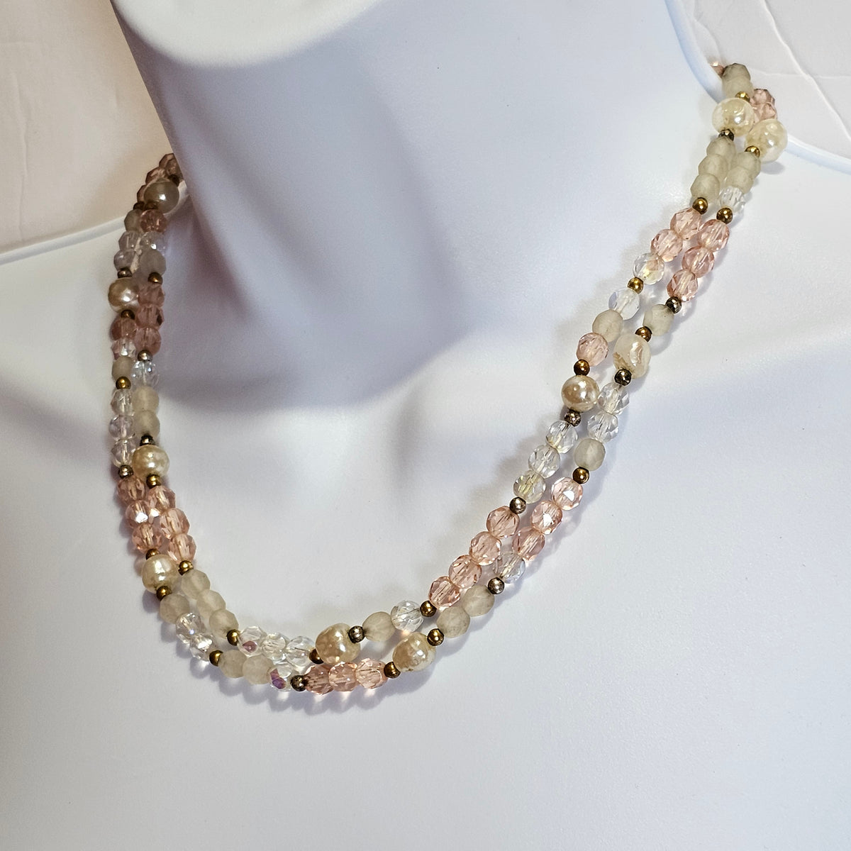 Translucent Pink Clear Crystal Beads Faux Baroque Pearls Stranded Pretty Necklace Vintage