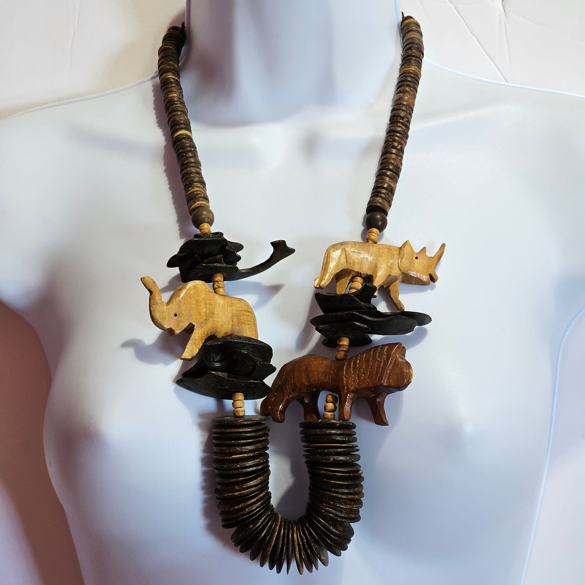 Huge Wooden African Ethnic Hand Carved Animal Braded Necklace Statement Vintage