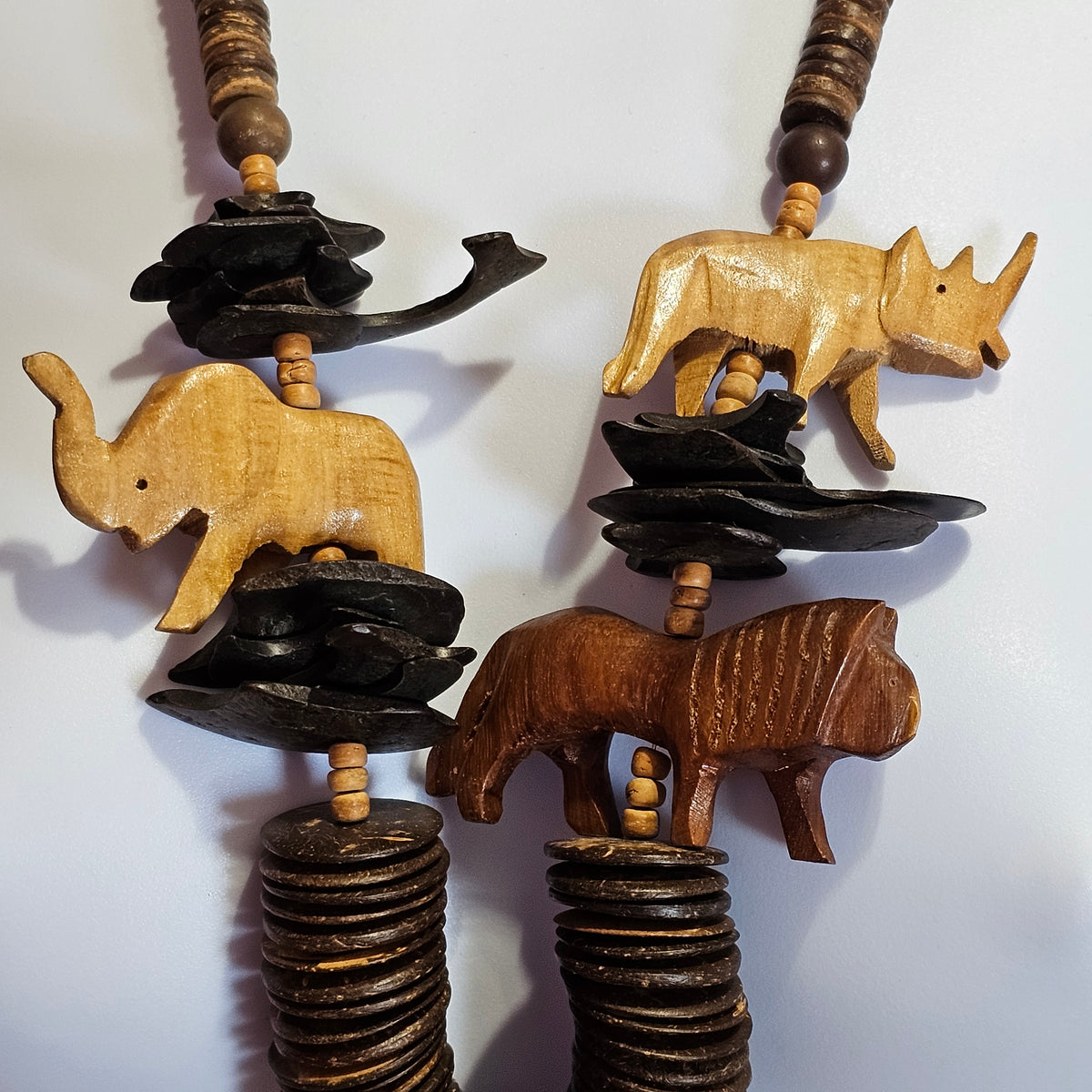Huge Wooden African Ethnic Hand Carved Animal Braded Necklace Statement Vintage