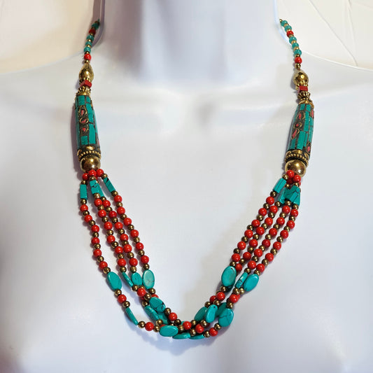 Turquoise Coral Inlay Glass Beaded Tribal Ethnic Necklace Vintage Statement
