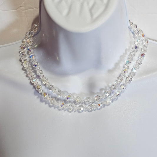 Double Layered Aurora Borealis Iridescent Clear Foil Glass Beaded Vintage Necklace