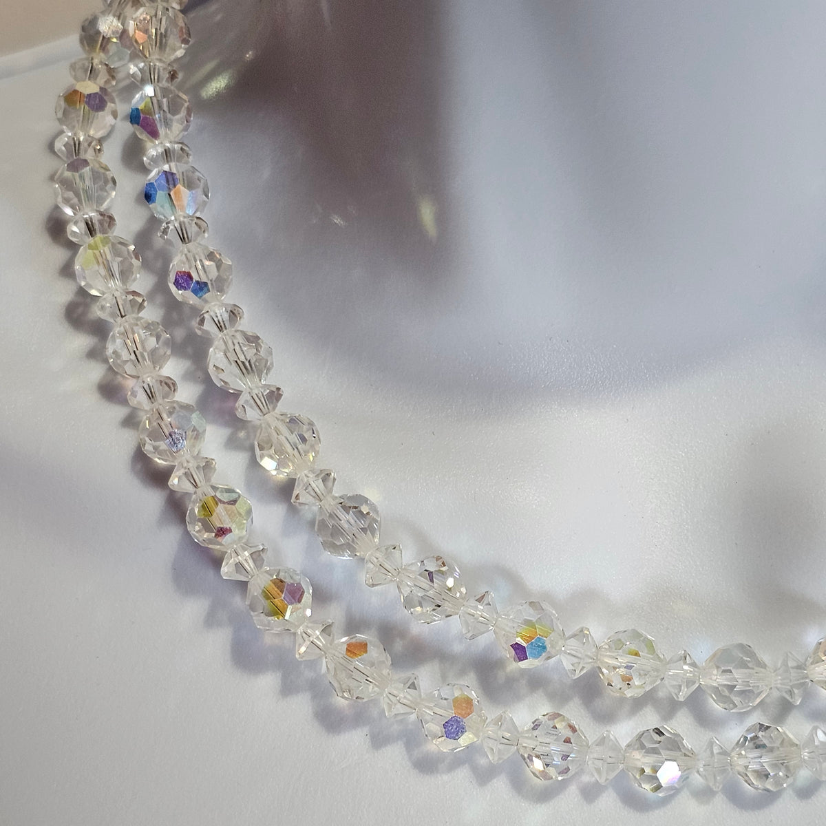 Double Layered Aurora Borealis Iridescent Clear Foil Glass Beaded Vintage Necklace
