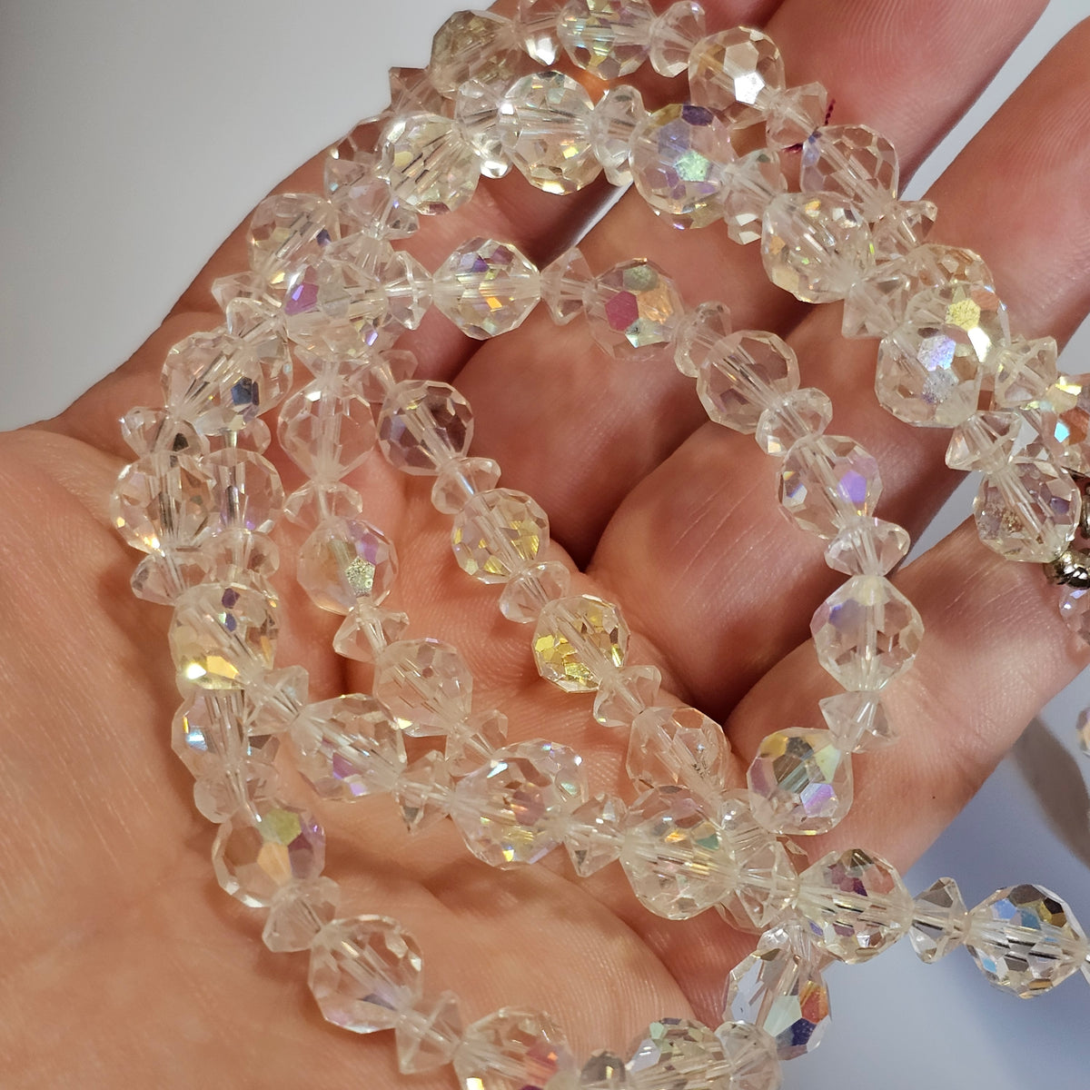 Double Layered Aurora Borealis Iridescent Clear Foil Glass Beaded Vintage Necklace