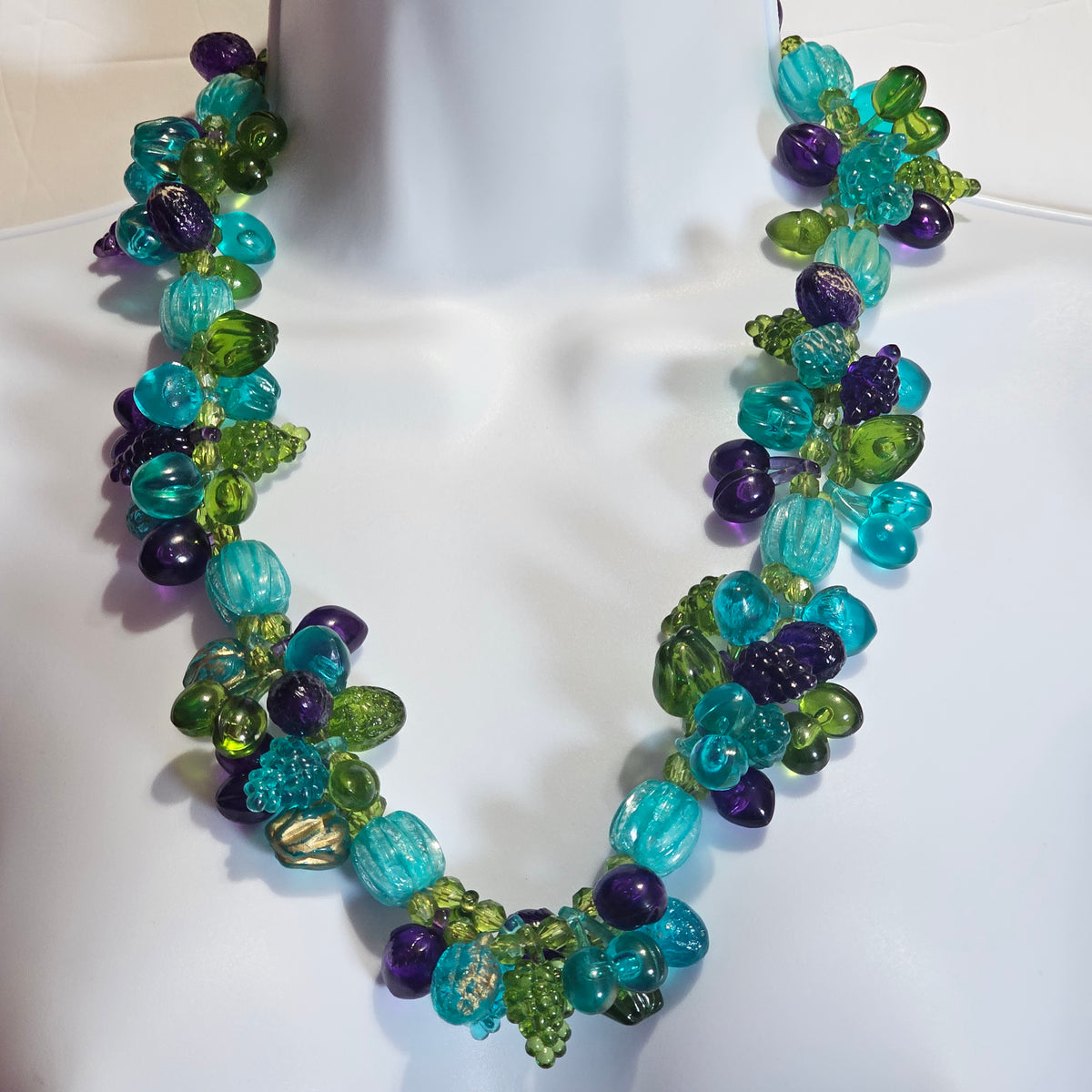 Teal Blue Purple Green Lucite Plastic Vintage West Germany Beaded Fruit Salad Necklace