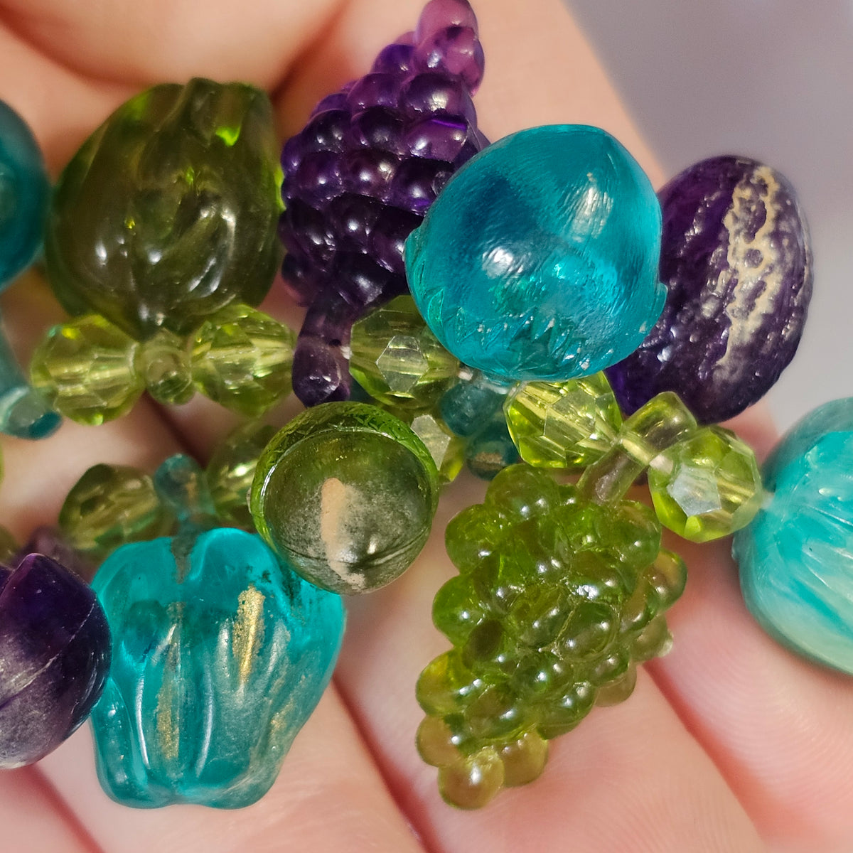 Teal Blue Purple Green Lucite Plastic Vintage West Germany Beaded Fruit Salad Necklace
