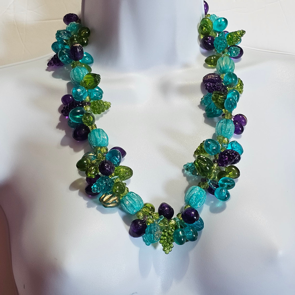 Teal Blue Purple Green Lucite Plastic Vintage West Germany Beaded Fruit Salad Necklace