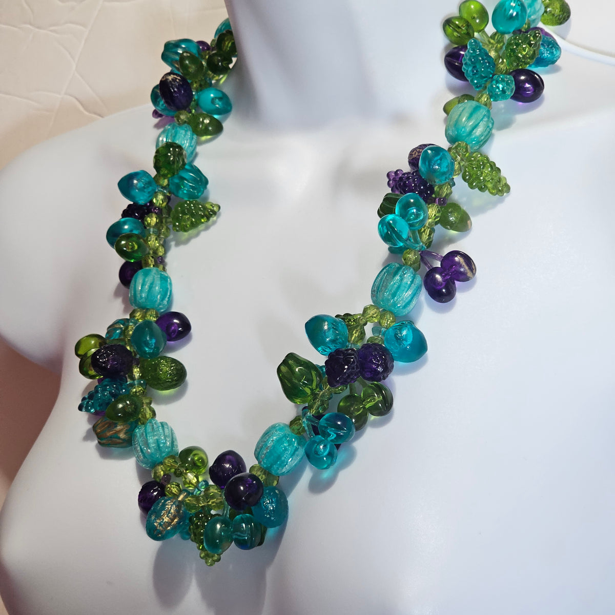 Teal Blue Purple Green Lucite Plastic Vintage West Germany Beaded Fruit Salad Necklace